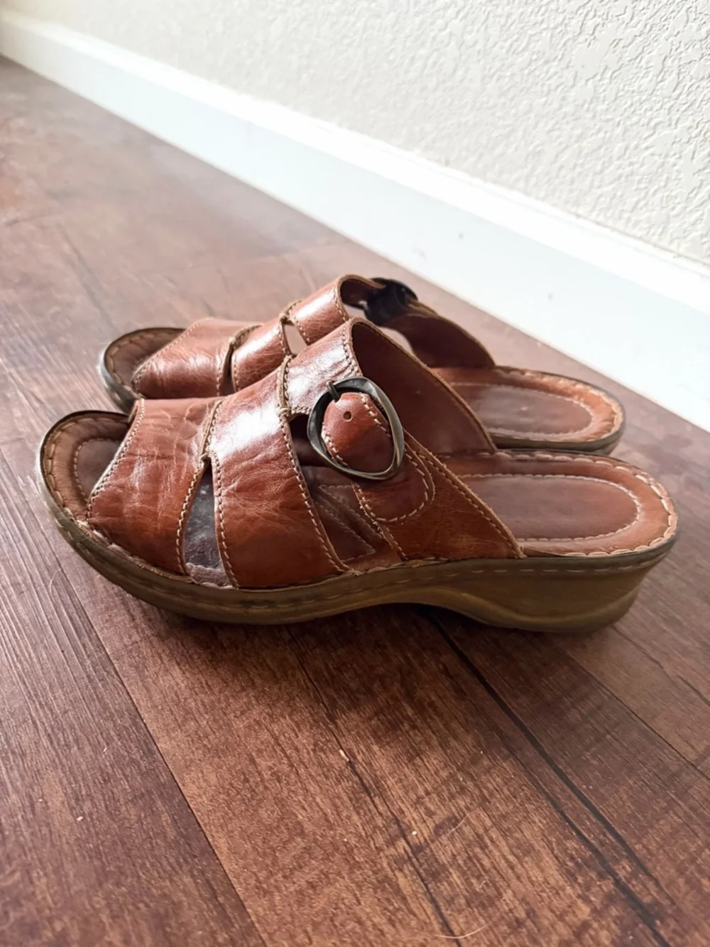 Josef Seibel Brown Leather Slide Sandals with Buckle